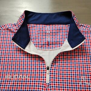 Rhoback Performance 1/4 Zip Pullover Mens XL Red Blue White Plaid Golf Stretch *
